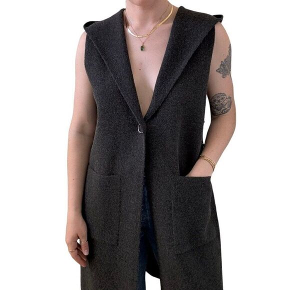Womens Charcoal Gray Wool Blend Hooded Long Hippie Vest Jacket Sz M - Picture 1 of 8